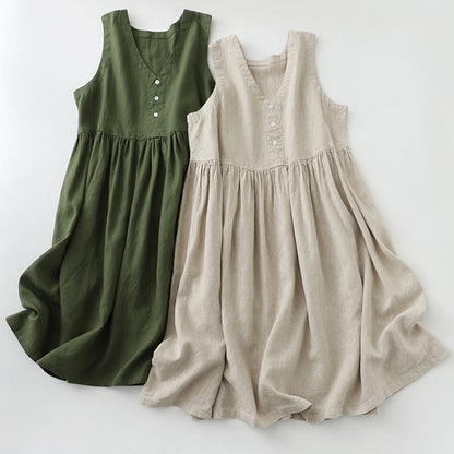 Buddha Stones Daily Casual Pure Color V-Neck Simple Buttons Design Sleeveless Midi Dress