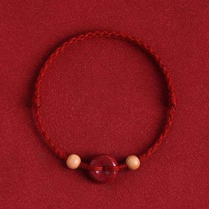 Buddha Stones Peach Wood Peace Buckle Cinnabar Wealth String Bracelet Anklet