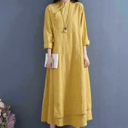 Buddha Stones Spring Casual Plain Frog-Button Design Side Lace-Up Cotton Linen Midi Dress