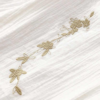 Buddha Stones Summer Casual Plain Embroidery Double Layer Short Sleeve Cotton Linen Midi Dress