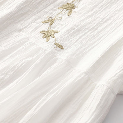 Buddha Stones Summer Casual Plain Embroidery Double Layer Short Sleeve Cotton Linen Midi Dress