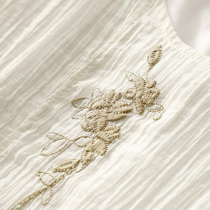Buddha Stones Summer Casual Plain Embroidery Double Layer Short Sleeve Cotton Linen Midi Dress