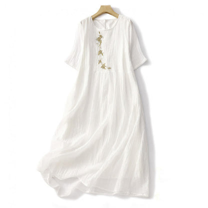 Buddha Stones Summer Casual Plain Embroidery Double Layer Short Sleeve Cotton Linen Midi Dress