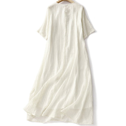 Buddha Stones Summer Casual Plain Embroidery Double Layer Short Sleeve Cotton Linen Midi Dress