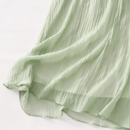 Buddha Stones Summer Casual Plain Embroidery Double Layer Short Sleeve Cotton Linen Midi Dress