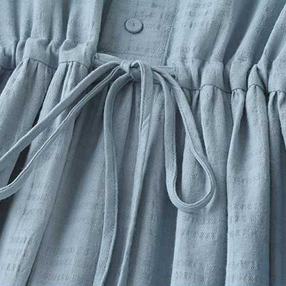 Buddha Stones Retro Solid Color Drawstring Frog-Button Design Long Sleeve Cotton Linen Midi Dress With Pockets