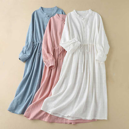 Buddha Stones Retro Solid Color Drawstring Frog-Button Design Long Sleeve Cotton Linen Midi Dress With Pockets