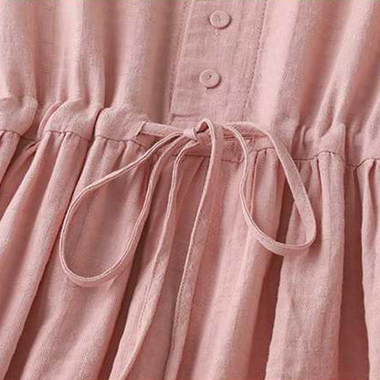 Buddha Stones Retro Solid Color Drawstring Frog-Button Design Long Sleeve Cotton Linen Midi Dress With Pockets