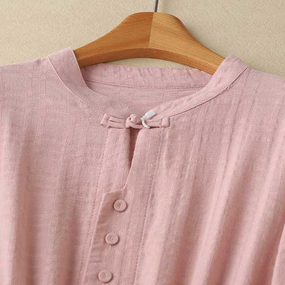 Buddha Stones Retro Solid Color Drawstring Frog-Button Design Long Sleeve Cotton Linen Midi Dress With Pockets