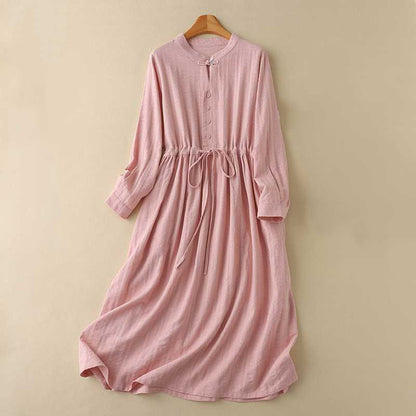 Buddha Stones Retro Solid Color Drawstring Frog-Button Design Long Sleeve Cotton Linen Midi Dress With Pockets
