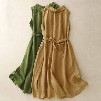 Buddha Stones Summer Plain Lace-up Button Front Design Lapel Sleeveless Cotton Midi Dress Cardigan