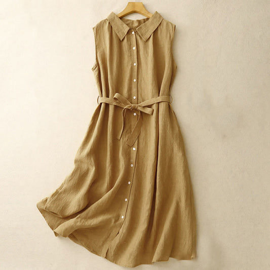 Buddha Stones Summer Plain Lace-up Button Front Design Lapel Sleeveless Cotton Midi Dress Cardigan