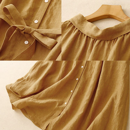Buddha Stones Summer Plain Lace-up Button Front Design Lapel Sleeveless Cotton Midi Dress Cardigan