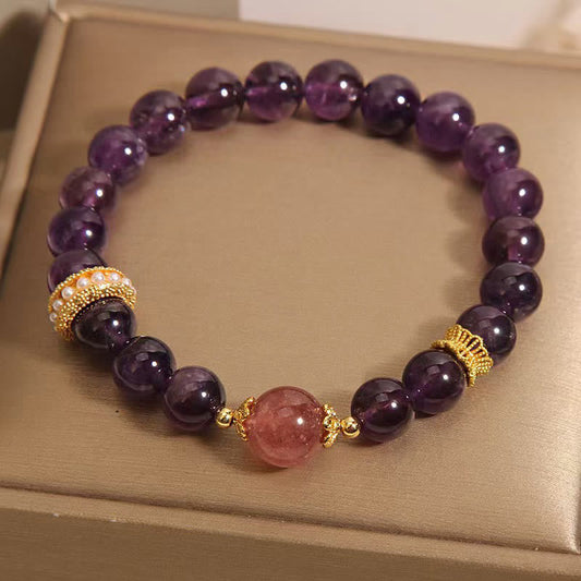 Buddha Stones Natural Amethyst Lucky Strawberry Quartz Beads Peace Bracelet