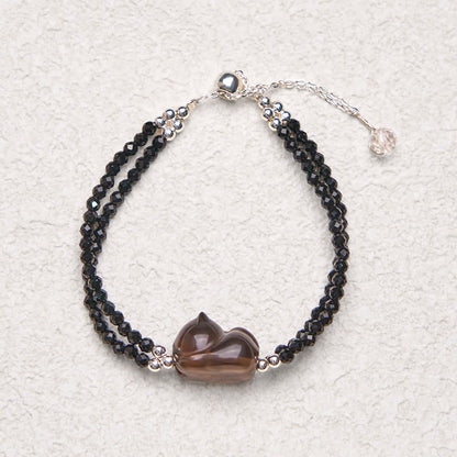 Buddha Stones Ice Obsidian Black Spinel Lying Cat Courage Double Layer Bracelet