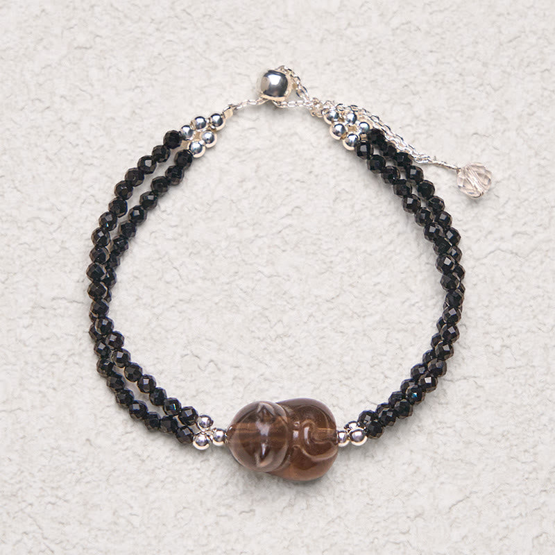 Buddha Stones Ice Obsidian Black Spinel Lying Cat Courage Double Layer Bracelet