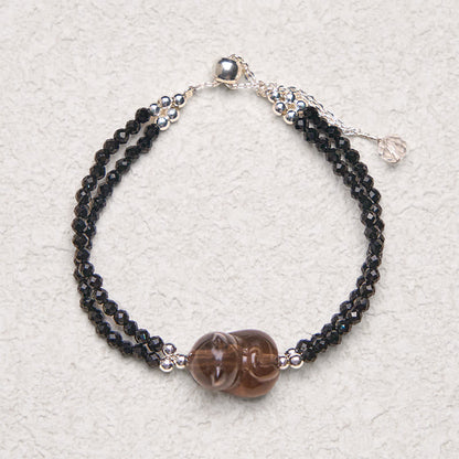 Buddha Stones Ice Obsidian Black Spinel Lying Cat Courage Double Layer Bracelet
