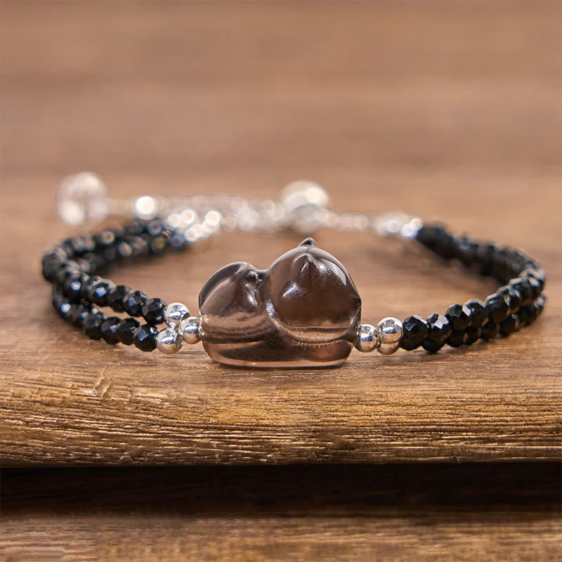 Buddha Stones Ice Obsidian Black Spinel Lying Cat Courage Double Layer Bracelet