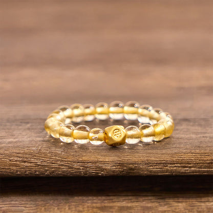 Buddha Stones 3mm Golden Rutilated Quartz Beads Wealth Elastic String Ring