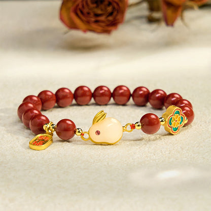 Buddha Stones Cinnabar Cute Rabbit Bunny Fu Character Calm Bracelet