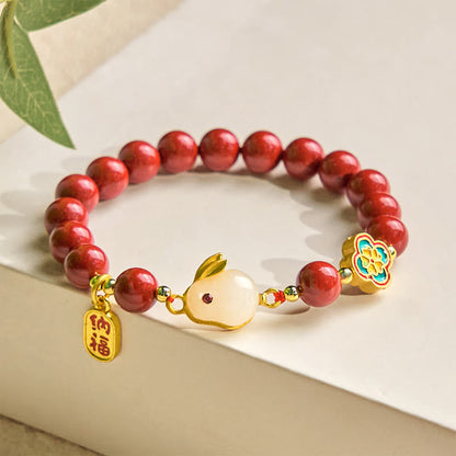 Buddha Stones Cinnabar Cute Rabbit Bunny Fu Character Calm Bracelet