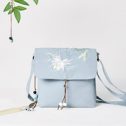 Buddha Stones Plain Embroidered LightBlue Epiphyllum Cotton Linen Crossbody Bag Shoulder Bag