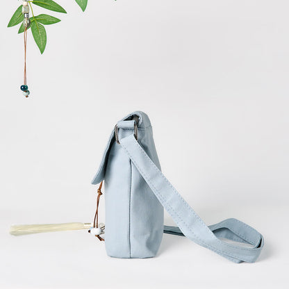 Buddha Stones Plain Embroidered LightBlue Epiphyllum Cotton Linen Crossbody Bag Shoulder Bag