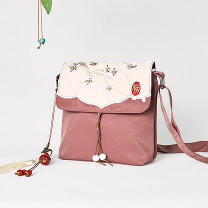 Buddha Stones Plain Brown Embroidered Plum Bossom Cotton Linen Crossbody Bag Shoulder Bag