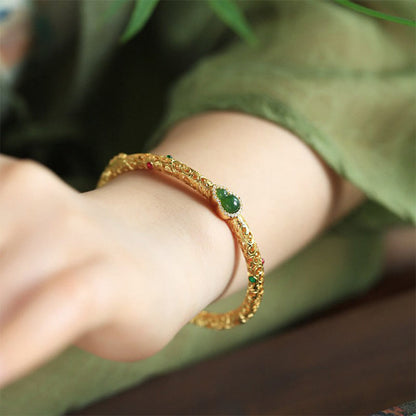 Buddha Stones Cyan Jade Copper Plated Gold Auspicious Clouds Gourd Luck Bracelet Bangle