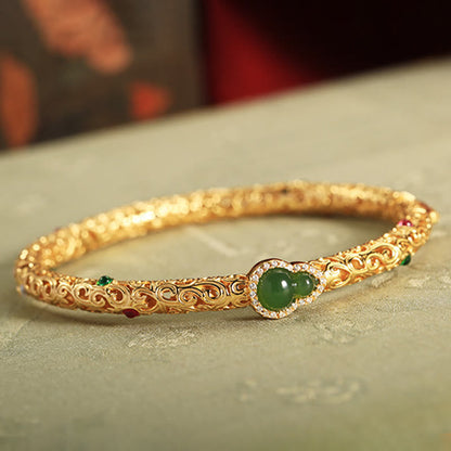Buddha Stones Cyan Jade Copper Plated Gold Auspicious Clouds Gourd Luck Bracelet Bangle
