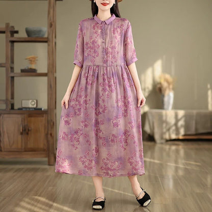Buddha Stones Retro Printing Floral Pattern Drawstring Design Half Sleeve Cotton Midi Dress With Pockets