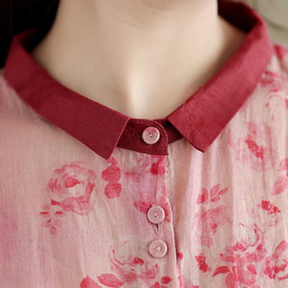 Buddha Stones Retro Printing Floral Pattern Drawstring Design Half Sleeve Cotton Midi Dress With Pockets