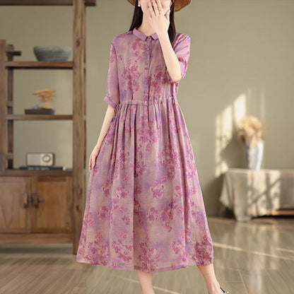 Buddha Stones Retro Printing Floral Pattern Drawstring Design Half Sleeve Cotton Midi Dress With Pockets
