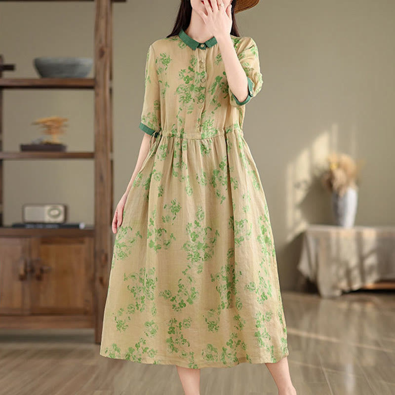 Buddha Stones Retro Printing Floral Pattern Drawstring Design Half Sleeve Cotton Midi Dress With Pockets