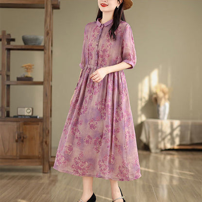 Buddha Stones Retro Printing Floral Pattern Drawstring Design Half Sleeve Cotton Midi Dress With Pockets
