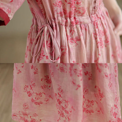 Buddha Stones Retro Printing Floral Pattern Drawstring Design Half Sleeve Cotton Midi Dress With Pockets