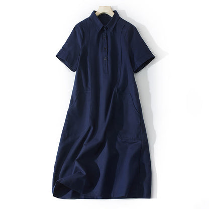 Buddha Stones Summer Retro Solid Color Button Design Short Sleeve Cotton Midi Dress With Pockets