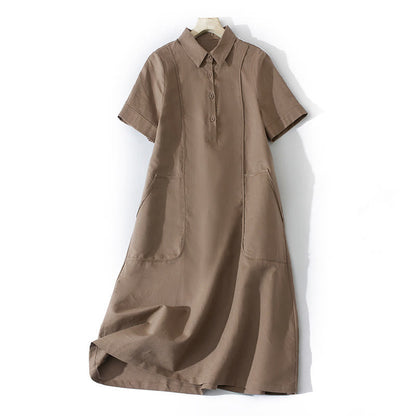 Buddha Stones Summer Retro Solid Color Button Design Short Sleeve Cotton Midi Dress With Pockets