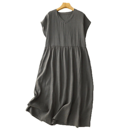 Buddha Stones Casual Artistic Solid Color Simple Design High Waist Short Sleeve Cotton Linen Midi Dress With Pockets