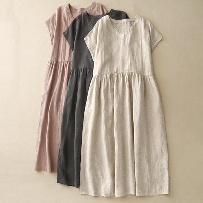 Buddha Stones Casual Artistic Solid Color Simple Design High Waist Short Sleeve Cotton Linen Midi Dress With Pockets