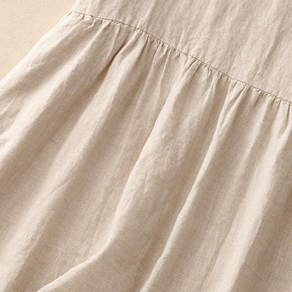 Buddha Stones Casual Artistic Solid Color Simple Design High Waist Short Sleeve Cotton Linen Midi Dress With Pockets