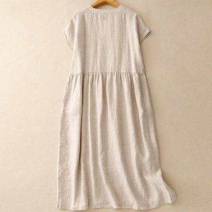 Buddha Stones Casual Artistic Solid Color Simple Design High Waist Short Sleeve Cotton Linen Midi Dress With Pockets