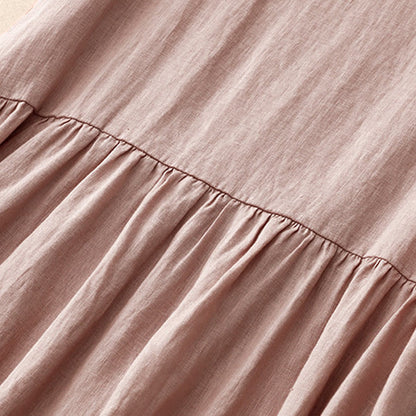 Buddha Stones Casual Artistic Solid Color Simple Design High Waist Short Sleeve Cotton Linen Midi Dress With Pockets
