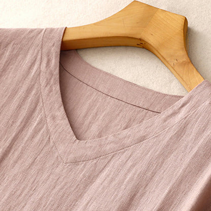 Buddha Stones Casual Artistic Solid Color Simple Design High Waist Short Sleeve Cotton Linen Midi Dress With Pockets