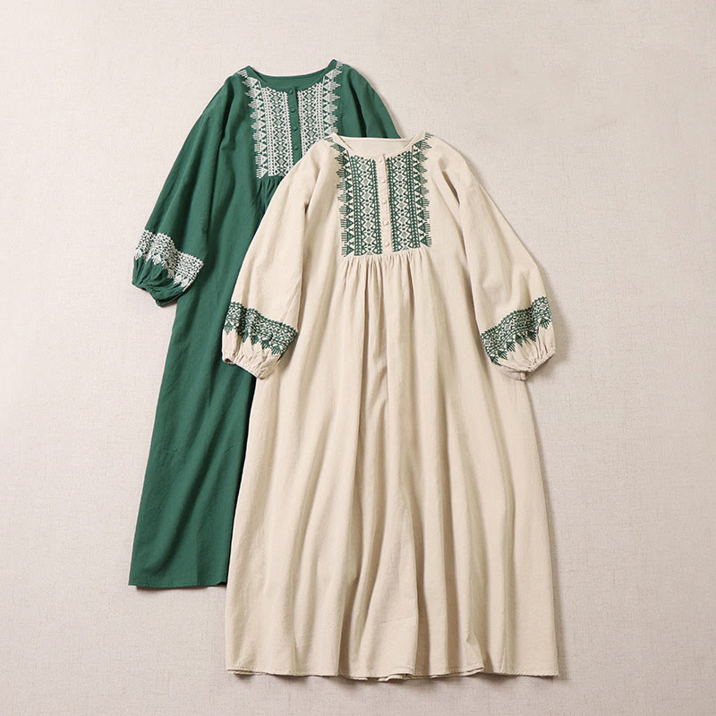 Buddha Stones Casual Artistic Geometric Embroidery Button Front Long Lantern Sleeve Cotton Linen Midi Dress