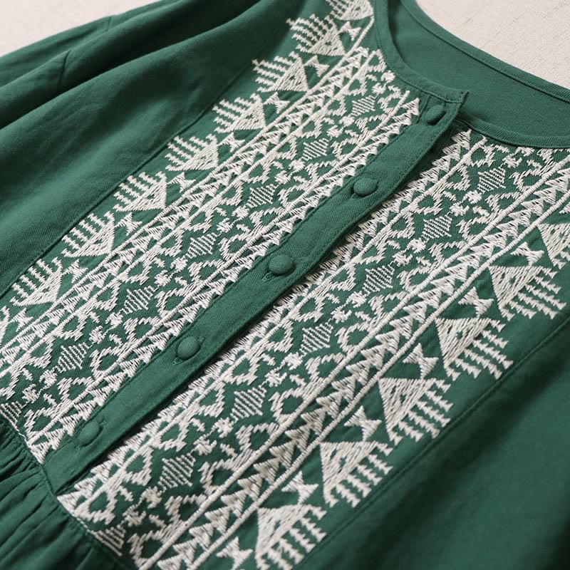Buddha Stones Casual Artistic Geometric Embroidery Button Front Long Lantern Sleeve Cotton Linen Midi Dress