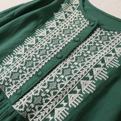 Buddha Stones Casual Artistic Geometric Embroidery Button Front Long Lantern Sleeve Cotton Linen Midi Dress