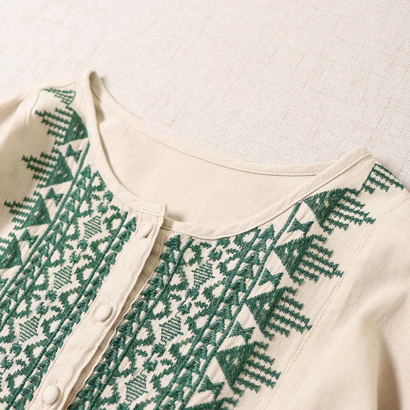 Buddha Stones Casual Artistic Geometric Embroidery Button Front Long Lantern Sleeve Cotton Linen Midi Dress