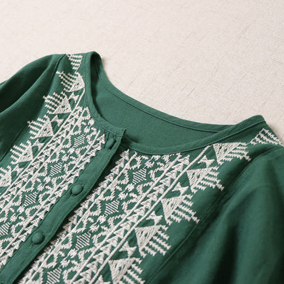 Buddha Stones Casual Artistic Geometric Embroidery Button Front Long Lantern Sleeve Cotton Linen Midi Dress