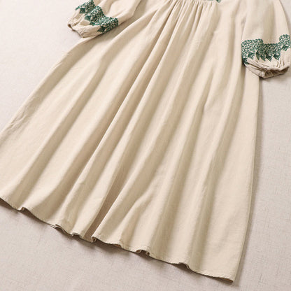 Buddha Stones Casual Artistic Geometric Embroidery Button Front Long Lantern Sleeve Cotton Linen Midi Dress